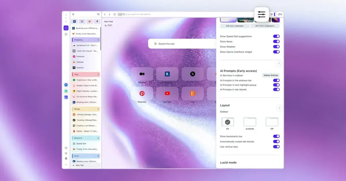 Opera One Browser adaugă tab-uri verticale și lentile Google îmbunătățite